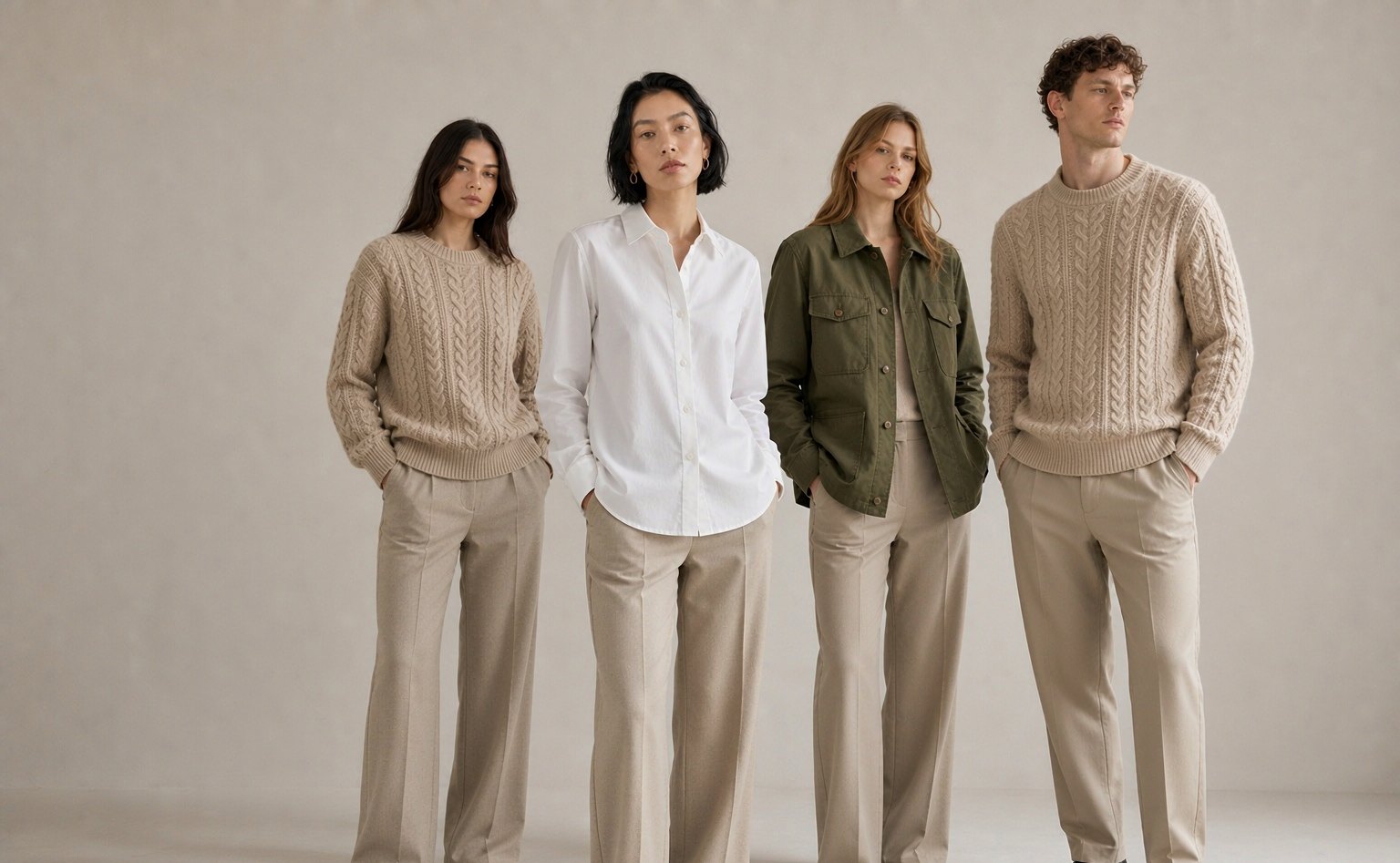 Four models presenting knitwear, shirts, jackets and trousers